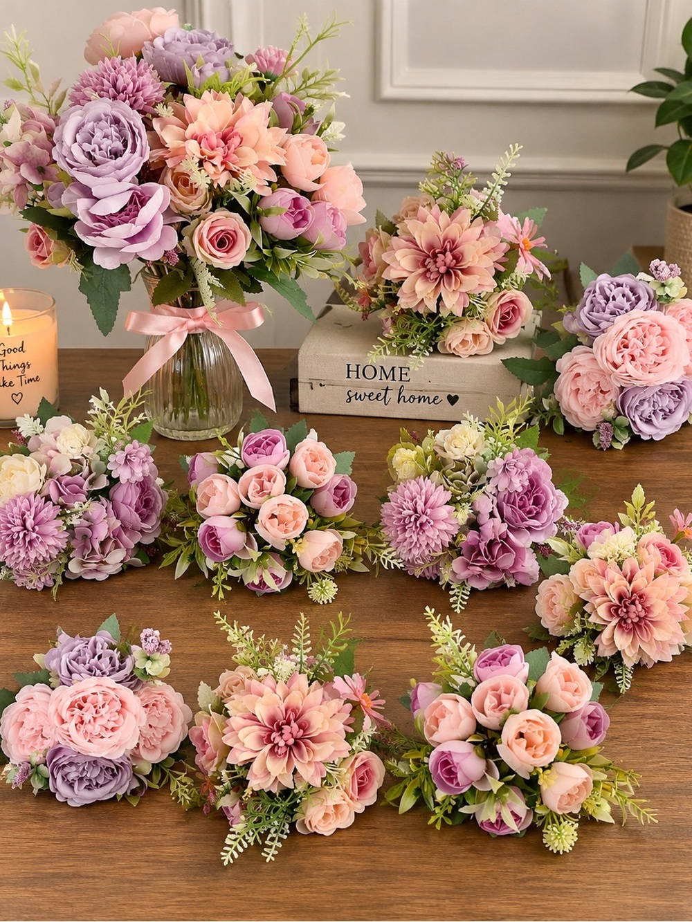 Pastel Pink & Lavender Faux Flower Bouquet Arrangement